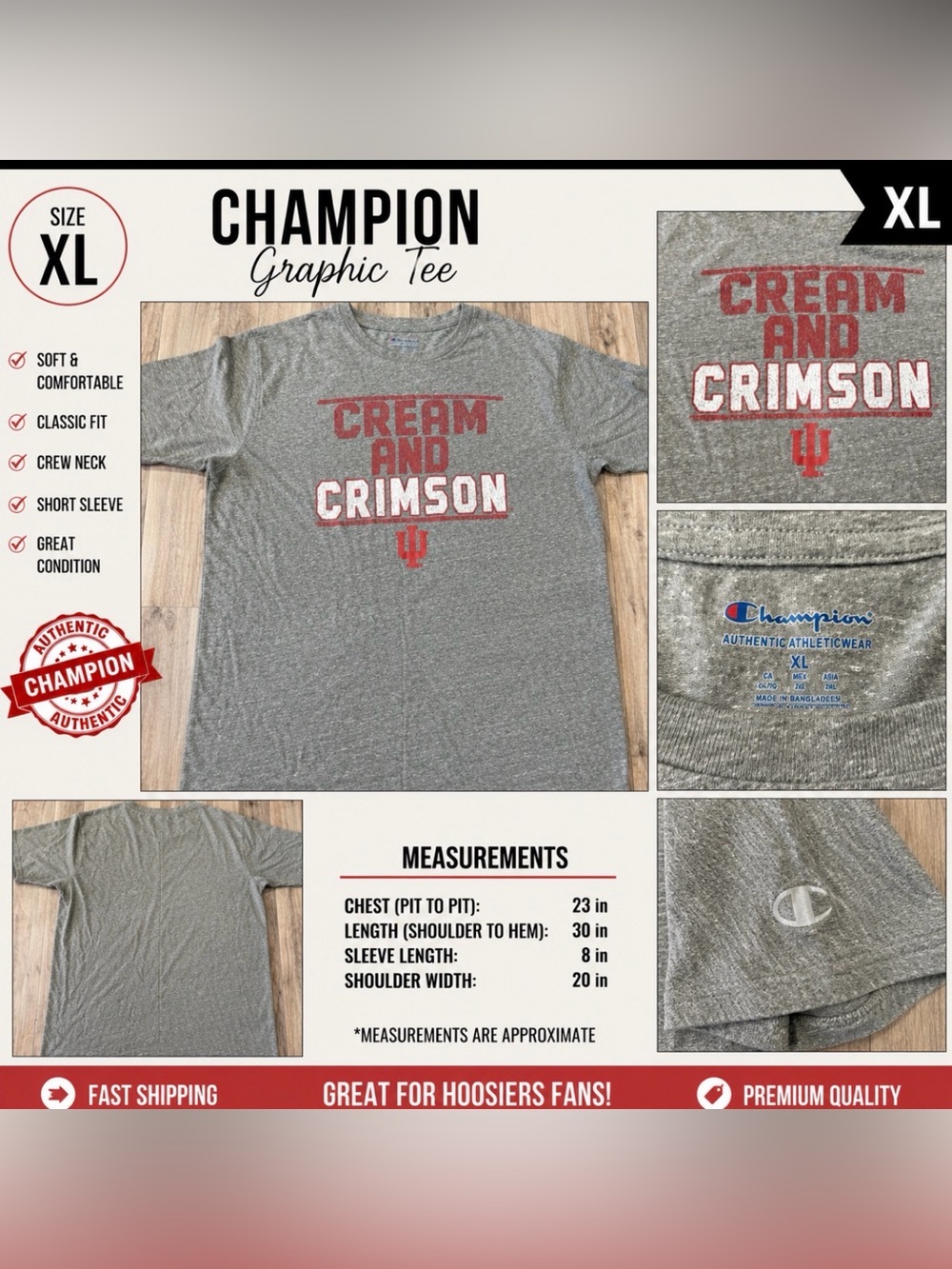 Champion Heather Gray Tee with Red and White 'Cream and Crimson' Print XL